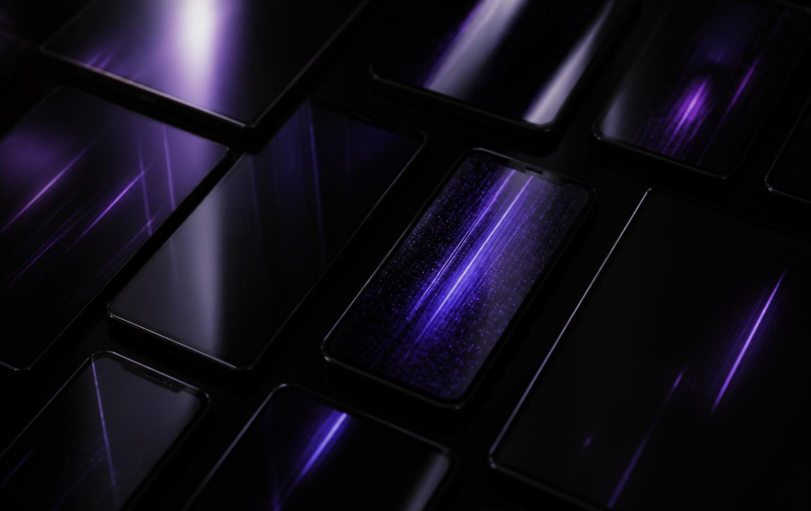 Grid of dark phone screens with violet light streaks, social distribution