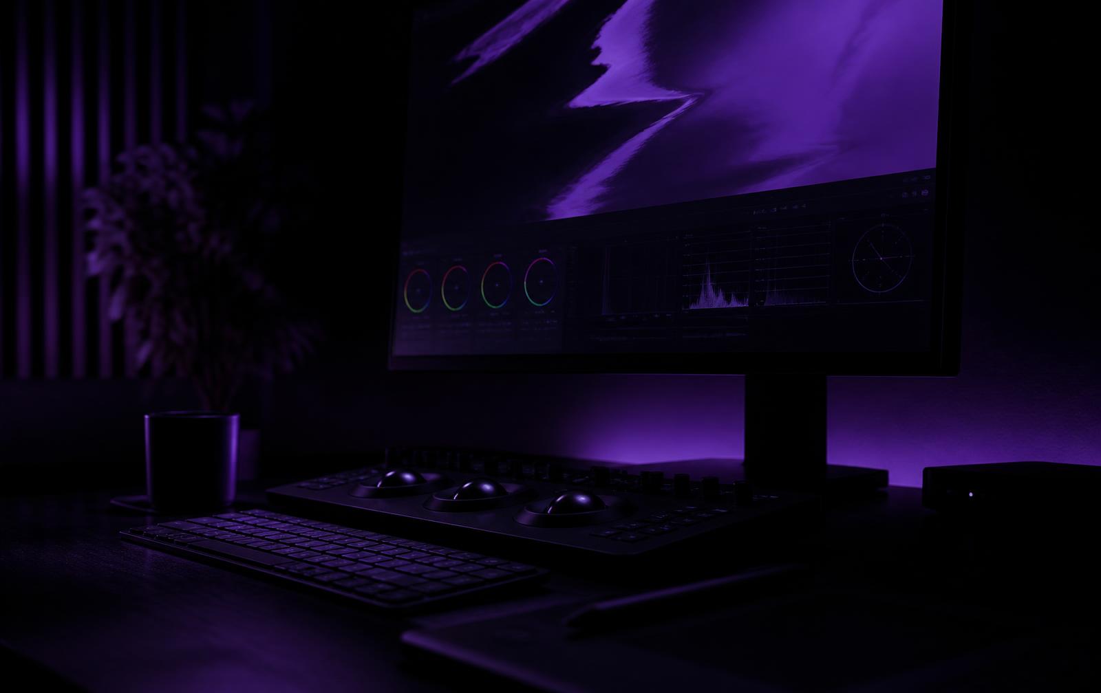 Dark studio workstation lit in violet, brand strategy work in progress